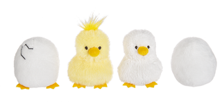 Set of four plush toys including a chick and eggs on a white background