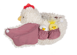 Plush chicken toy with two chicks inside red checkered cloths on a white background