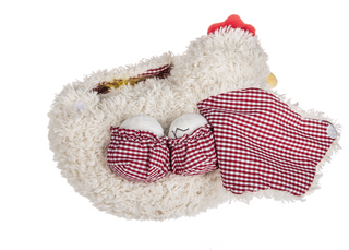 Plush toy resembling a chicken with red checkered outfit on a white background