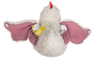 Plush chicken toy with red checkered wings and small chicks on a white background