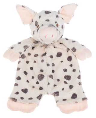 Plush toy resembling a pig with black spots on a white background