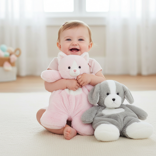 Baby holding a pink teddy bear and a gray dog plush toy on a light-colored floor.