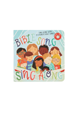 Children's book titled 'Bible Song Sing Along' with colorful illustrations of children and text.