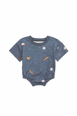 Blue baby romper with sports-themed patterns on a white background