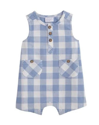 Blue and white checkered romper with button details on a white background