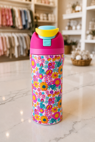 water bottle with floral print on boutique counter