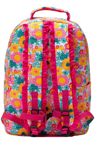 Colorful floral-patterned backpack with pink straps on a white background