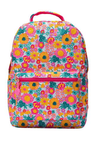 Colorful floral-patterned backpack with pink straps on a white background