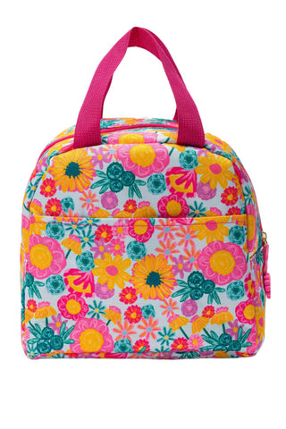 Floral patterned lunch bag with pink straps on a white background
