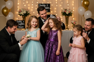 Children in formal attire with adults at a festive event with balloons and decorations.