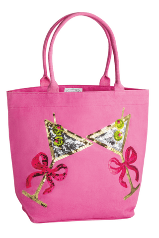 Pink tote bag with sequin designs and bows on a white background