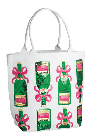 White tote bag with green bottles and pink bows on a white background