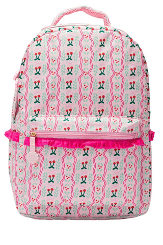 Backpack with pink and floral patterns on a white background