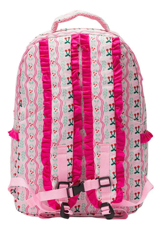 Pink backpack with pink and floral patterns on a white background