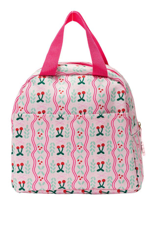 Pink lunchbox with cherry print and pink straps on a white background
