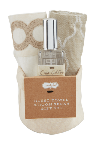 Guest towel and room spray gift set with a decorative bucket on a white background