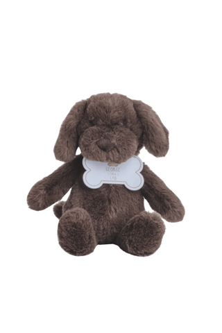Dark brown Lab plush toy on white background