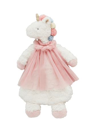 Plush unicorn toy with a pink dress on a white background