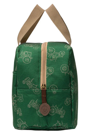 Green patterned lunchbox with brown handles on a white background