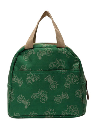 Green patterned lunchbox with brown handles on a white background