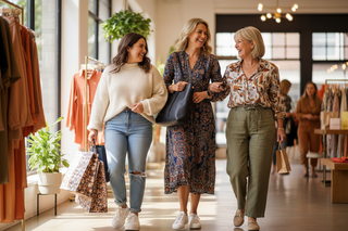 image of three women of diverse ages and sizes shopping together wearing casual trendy clothing