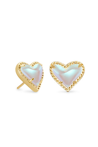 Heart-shaped earrings with gold rims and light-colored centers on a white background