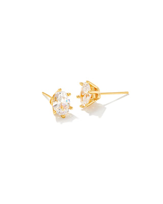 Gold earrings with clear gemstones on a white background