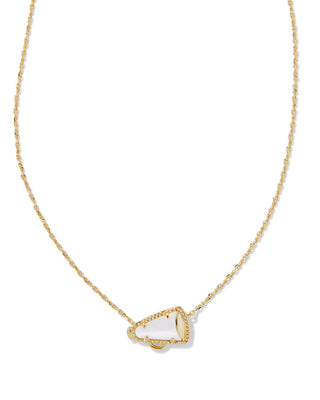 Gold necklace with a megaphone white pendant on a white background