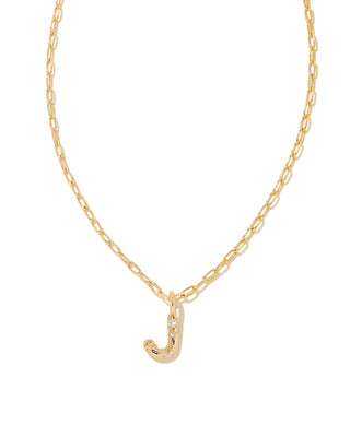 Gold necklace with a letter 'J' pendant on a white background