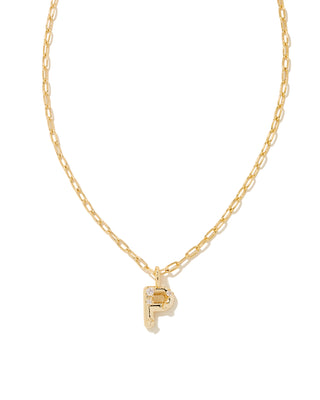 Gold necklace with a letter 'P' pendant on a white background