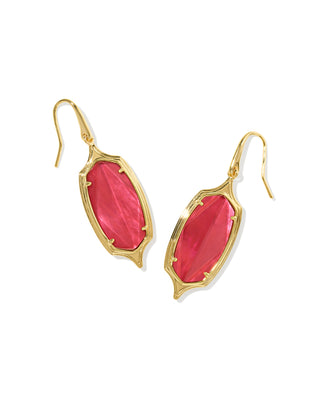 A pair of gold drop earrings with marquise-shaped pink faceted gemstones, shown on a plain white background.