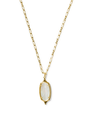 A gold Figaro chain necklace with a gold bezel-set pendant featuring a white iridescent mother-of-pearl oval stone, shown on a plain white background.