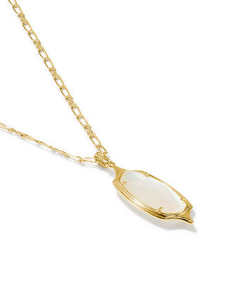 A gold pendant necklace featuring a polished, irregularly shaped cream-colored stone in a gold bezel setting, suspended from a delicate gold chain against a white background.