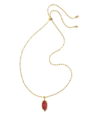 A gold chain necklace with an adjustable slider clasp and a small oval pink gemstone pendant, displayed on a clean white background.