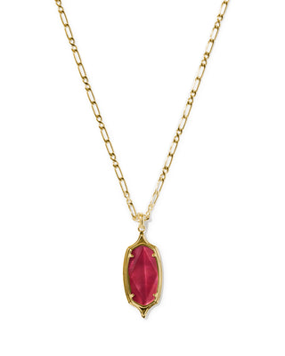 A gold chain necklace featuring a gold pendant with a marquise-cut pink gemstone, set against a plain white background.