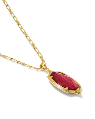 A gold pendant necklace featuring a marquise-shaped faceted red gemstone, displayed on a clean white background.
