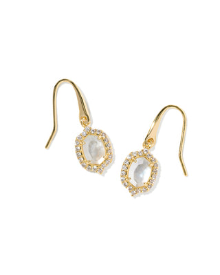 A pair of gold drop earrings featuring marquise-shaped milky white stones surrounded by small clear stones, set on fishhook wires against a plain white background.