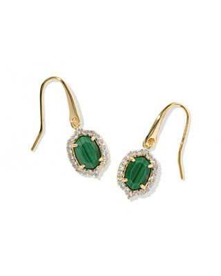 A pair of gold drop earrings featuring oval-cut green malachite stones surrounded by small clear pavé-set stones, shown on a plain white background.