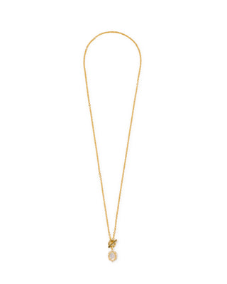 A delicate gold chain necklace featuring a small butterfly pendant and a round white stone bezel-set below it, displayed on a clean white background.