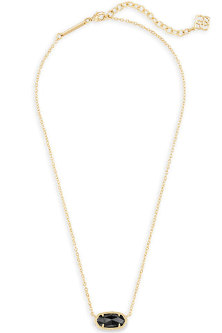 Gold necklace with a black pendant on a white background
