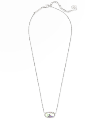 A delicate silver chain necklace with an oval iridescent crystal pendant, displayed against a solid white background.