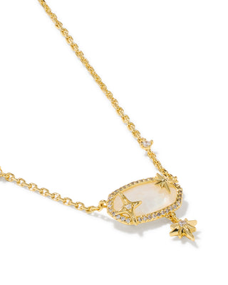 A gold chain necklace featuring an oval pendant with a milky white center, surrounded by small clear stones and gold star motifs, with a dangling gold star charm, shown on a white background.