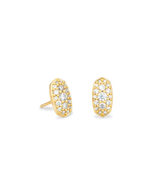 Gold earrings with diamond accents on a white background