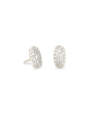 Pair of silver earrings with clear stones on a white background