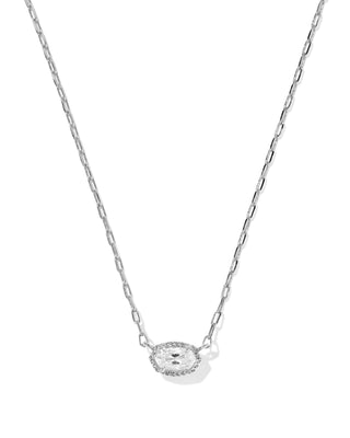 Kendra Scott Mini Elisa Luxe short pendant necklace in silver with a faceted white cubic zirconia stone and silver pavé detailing on a delicate elongated-link chain.