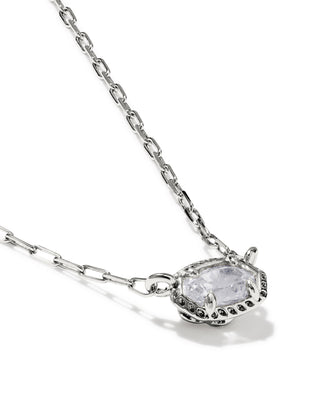 Kendra Scott Mini Elisa Luxe short pendant necklace in silver with a faceted white cubic zirconia stone and silver pavé detailing on a delicate elongated-link chain.
