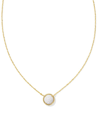 Gold necklace with a round white pendant on a white background