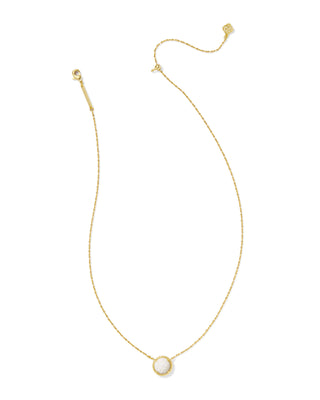 Gold necklace with a small round pendant on a white background