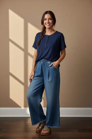 Model 3 - Navy Henley, Wide-Leg Pleated Denim, Concho Slides