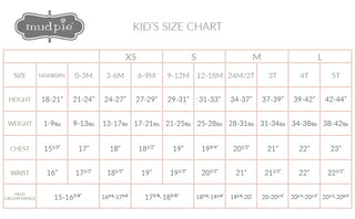Mudpie kids' size chart for newborn to 5T clothing sizes.